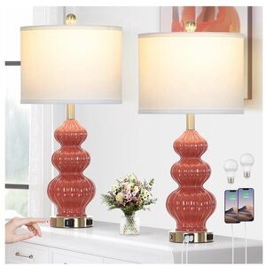 ⭐️Ceramic Table Lamps, Orange with USB A+C Ports & AC Outlet,3 Way Touch Control